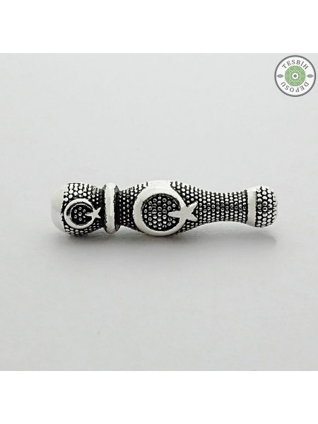 Gümüş Kalitesinde Ay Yıldız Kabartmalı Tesbih İmamesi 3 cm - 1 Adet